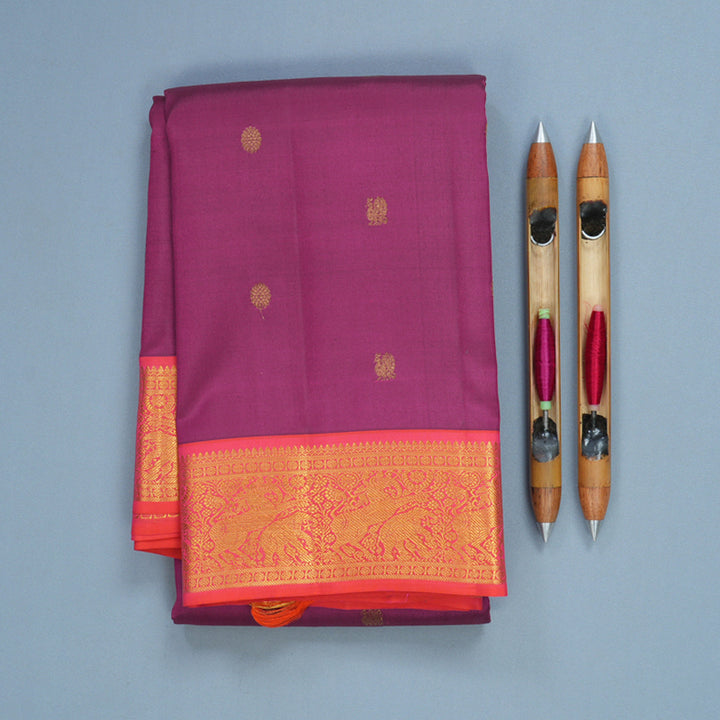 Hayagrivas Handloom Wine Purple Kanjivaram Silk Saree with Orangish-Pink Border KBF427F1-10