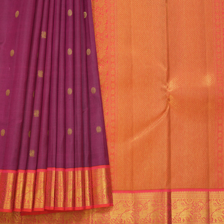 Hayagrivas Handloom Wine Purple Kanjivaram Silk Saree with Orangish-Pink Border KBF427F1-10