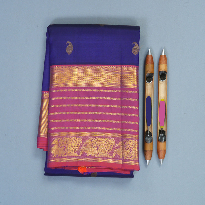 Hayagrivas Handloom Royal Blue Kanjivaram Silk Saree with Rust Orange Border KBF427F12-3