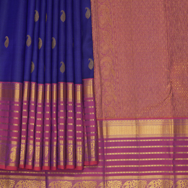 Hayagrivas Handloom Royal Blue Kanjivaram Silk Saree with Rust Orange Border KBF427F12-3