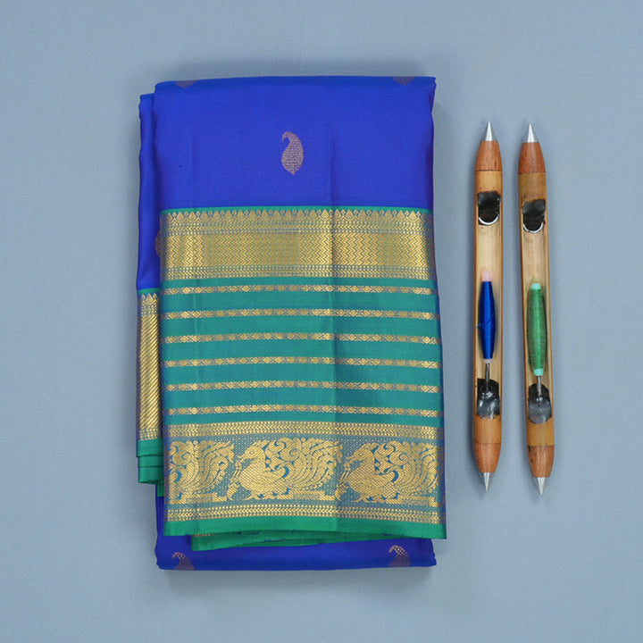 Hayagrivas Handloom MS Blue Kanjivaram Silk Saree with Aqua Green Border KBF427F12-4