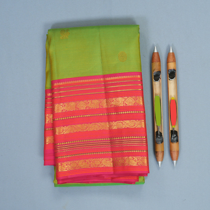 Hayagrivas Handloom Fluorescent Green Kanjivaram Silk Saree with Pink Border KBF427F14-3