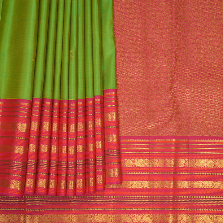 Hayagrivas Handloom Fluorescent Green Kanjivaram Silk Saree with Pink Border KBF427F14-3