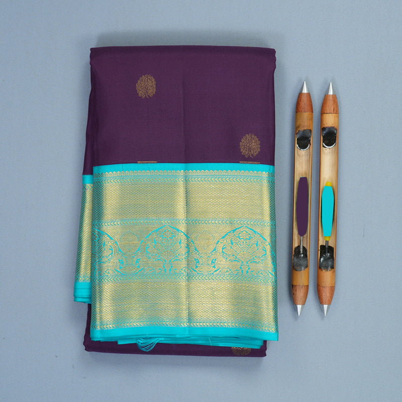 Hayagrivas Handloom Brinjal Purple Kanjivaram Silk Saree with Sky Blue Border KBF427F14-4