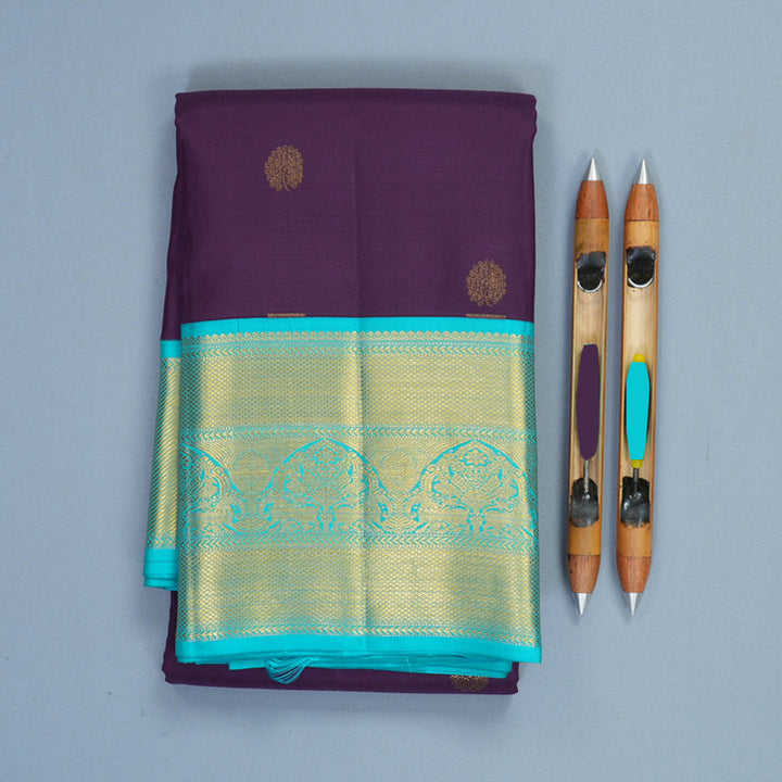 Hayagrivas Handloom Brinjal Purple Kanjivaram Silk Saree with Sky Blue Border KBF427F14-4