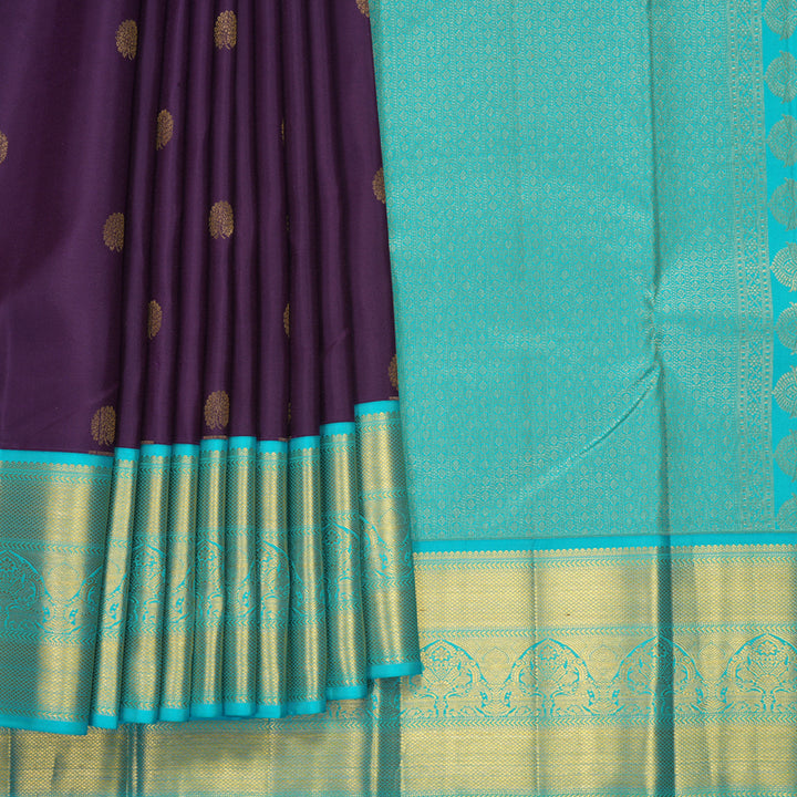 Hayagrivas Handloom Brinjal Purple Kanjivaram Silk Saree with Sky Blue Border KBF427F14-4
