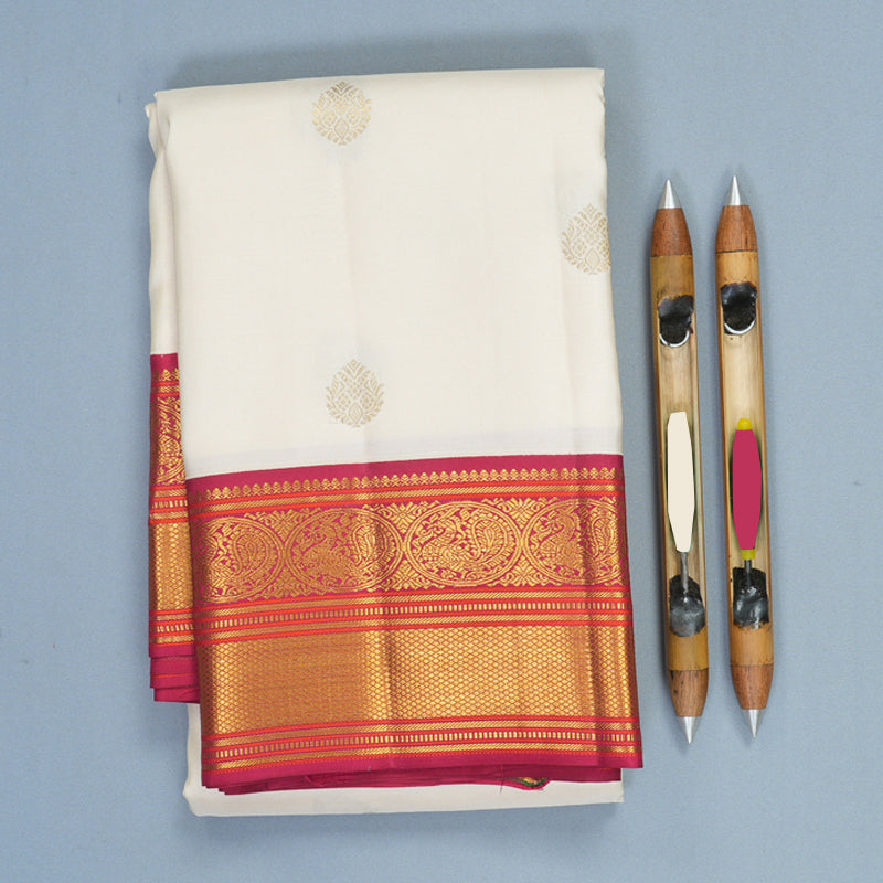 Hayagrivas Handloom Half-White Kanjivaram Silk Saree with Pink Border KBF427F14-5