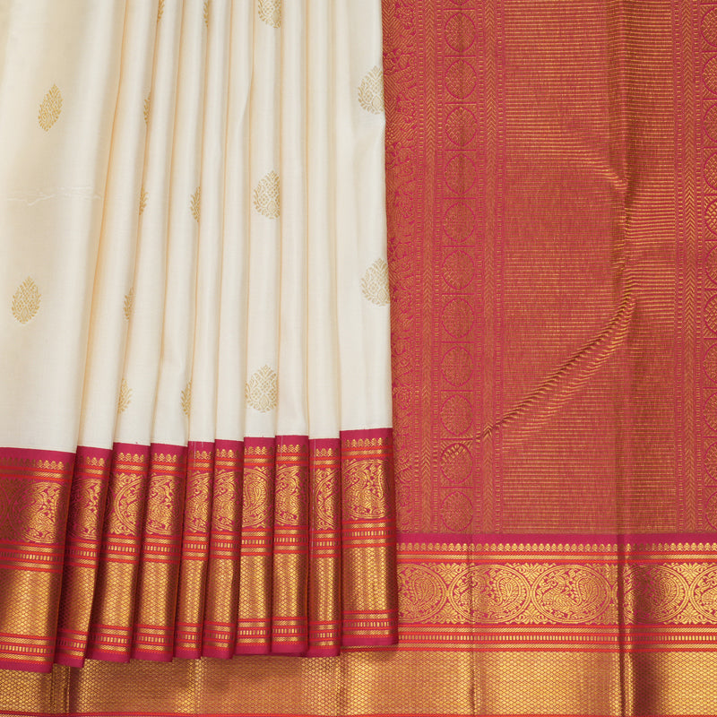 Hayagrivas Handloom Half-White Kanjivaram Silk Saree with Pink Border KBF427F14-5