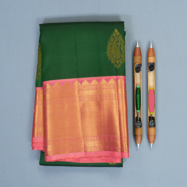 Hayagrivas Handloom Dark Green Kanjivaram Silk Saree with Rose Pink Border KBF427F14-7