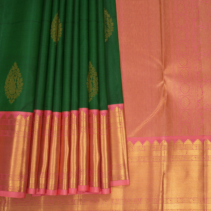 Hayagrivas Handloom Dark Green Kanjivaram Silk Saree with Rose Pink Border KBF427F14-7