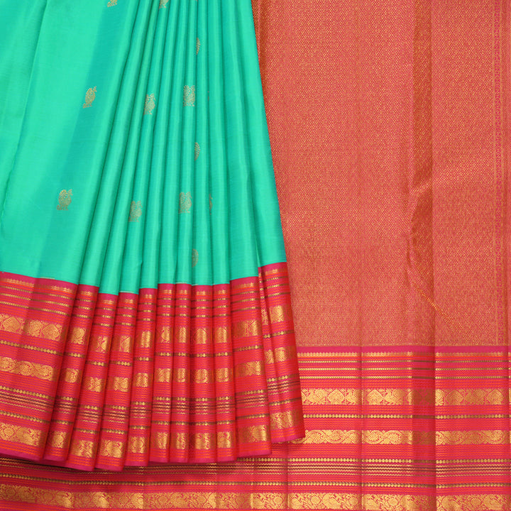 Hayagrivas Handloom Aqua Green Kanjivaram Silk Saree with Pink Border KBF427F14-8