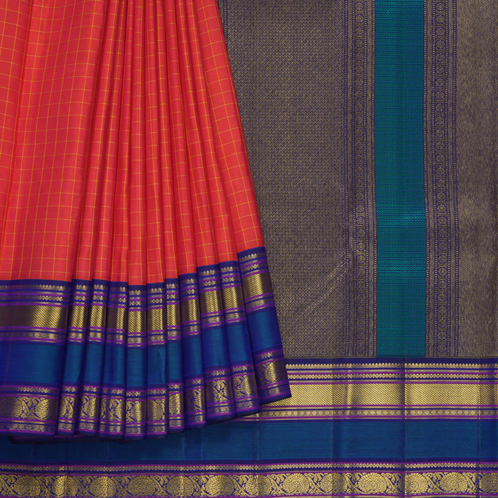 Hayagrivas Handloom Red Kanjivaram Silk Saree with Ink Blue Border KBF427F4-1