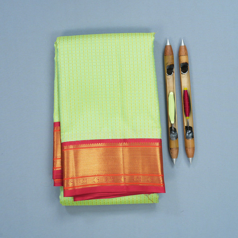 Hayagrivas Handloom Pista Green Kanjivaram Silk Saree with Reddish-Pink Border KBF427F5-1