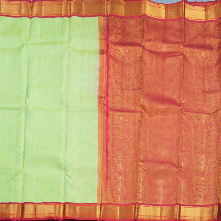 Hayagrivas Handloom Pista Green Kanjivaram Silk Saree with Reddish-Pink Border KBF427F5-1