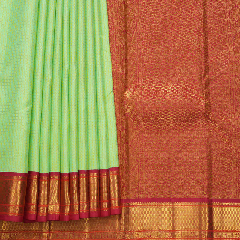 Hayagrivas Handloom Pista Green Kanjivaram Silk Saree with Reddish-Pink Border KBF427F5-1