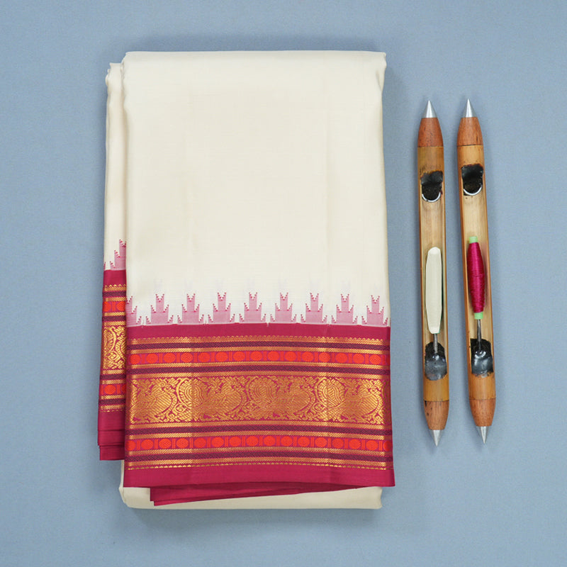 Hayagrivas Handloom Half-White Kanjivaram Silk Saree with Pink Border KBF427F6-1
