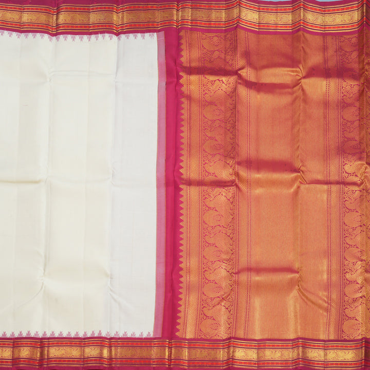 Hayagrivas Handloom Half-White Kanjivaram Silk Saree with Pink Border KBF427F6-1