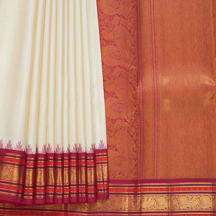 Hayagrivas Handloom Half-White Kanjivaram Silk Saree with Pink Border KBF427F6-1