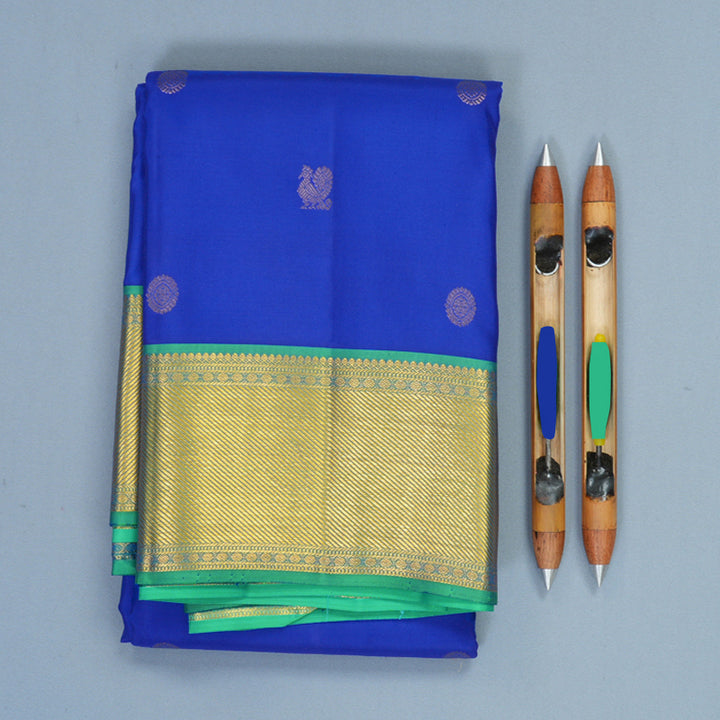 Hayagrivas Handloom Royal Blue Kanjivaram Silk Saree with Aqua Green Border KBF427F7-2
