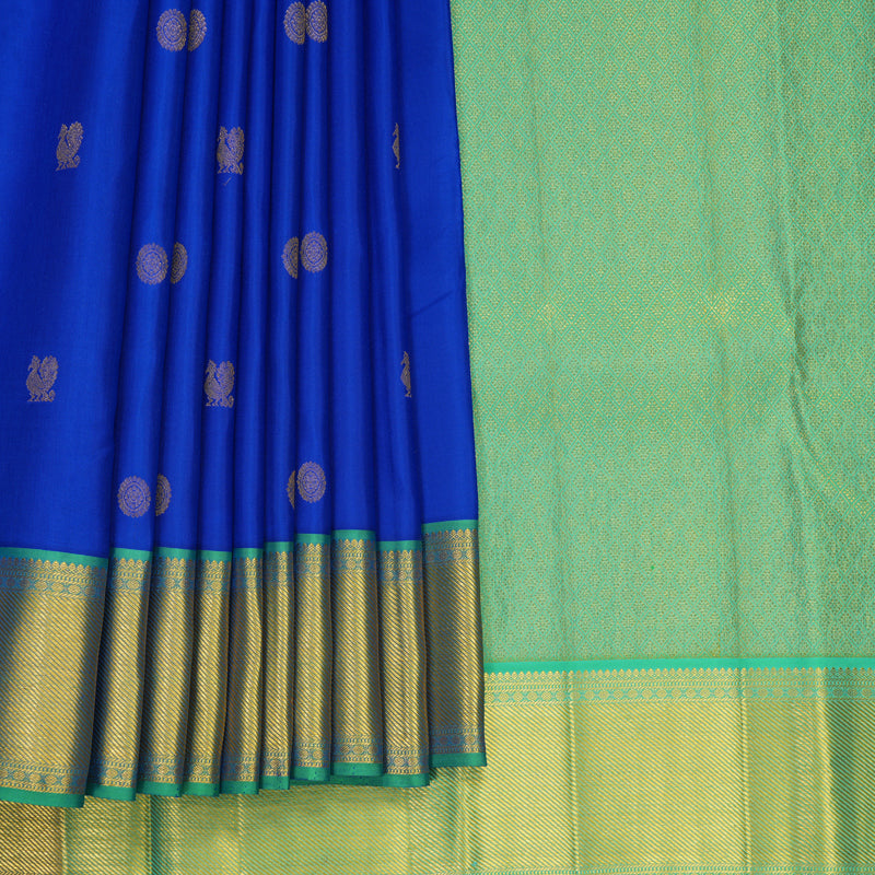 Hayagrivas Handloom Royal Blue Kanjivaram Silk Saree with Aqua Green Border KBF427F7-2