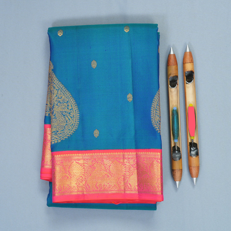 Hayagrivas Handloom Mayilkazhuthu Kanjivaram Silk Saree with Orangish-Pink Border KBF427F8-3