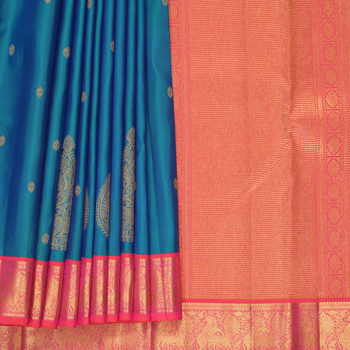 Hayagrivas Handloom Mayilkazhuthu Kanjivaram Silk Saree with Orangish-Pink Border KBF427F8-3