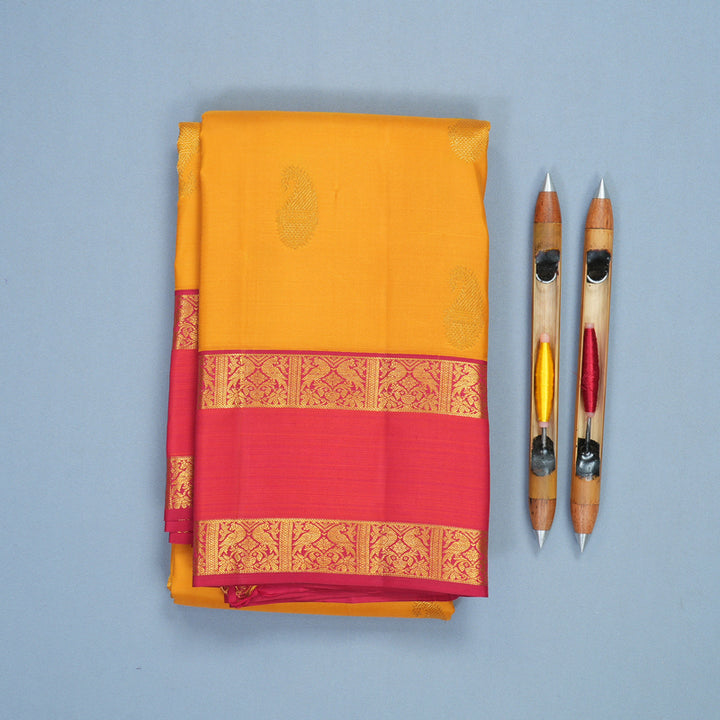 Hayagrivas Handloom Mustard Yellow Kanjivaram Silk Saree with Pink Border KBF427F8-6