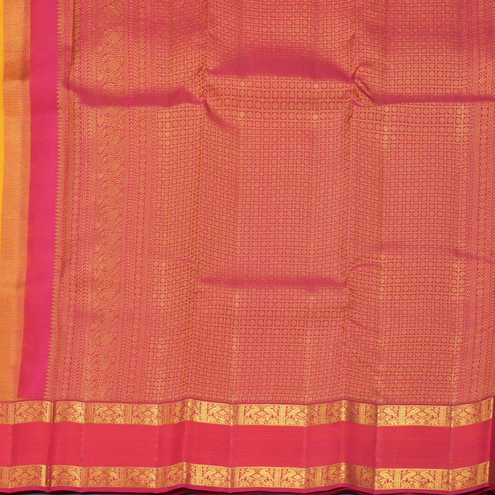 Hayagrivas Handloom Mustard Yellow Kanjivaram Silk Saree with Pink Border KBF427F8-6