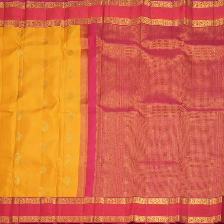 Hayagrivas Handloom Mustard Yellow Kanjivaram Silk Saree with Pink Border KBF427F8-6