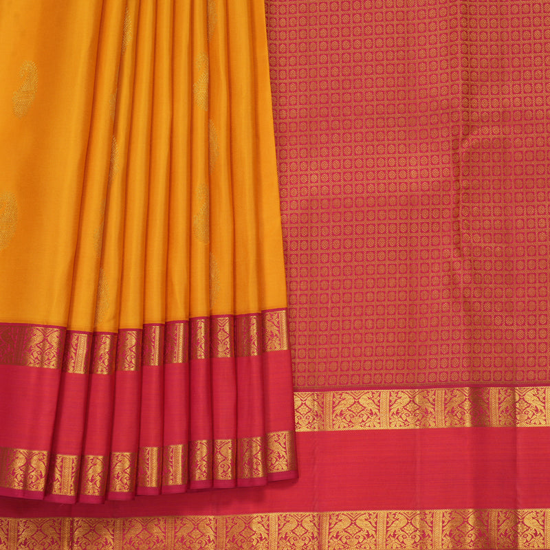 Hayagrivas Handloom Mustard Yellow Kanjivaram Silk Saree with Pink Border KBF427F8-6