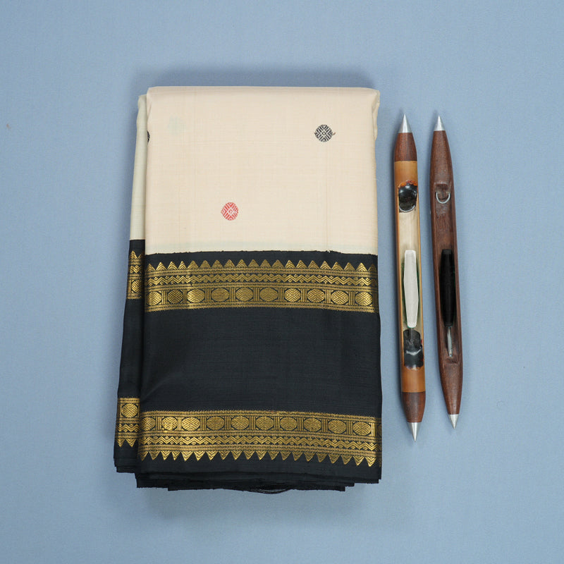 Hayagrivas Handloom Half-White Kanjivaram Silk Saree with Black Border KBF429F1-1