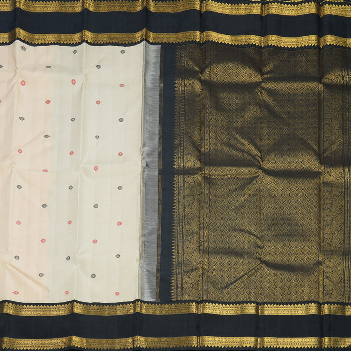 Hayagrivas Handloom Half-White Kanjivaram Silk Saree with Black Border KBF429F1-1
