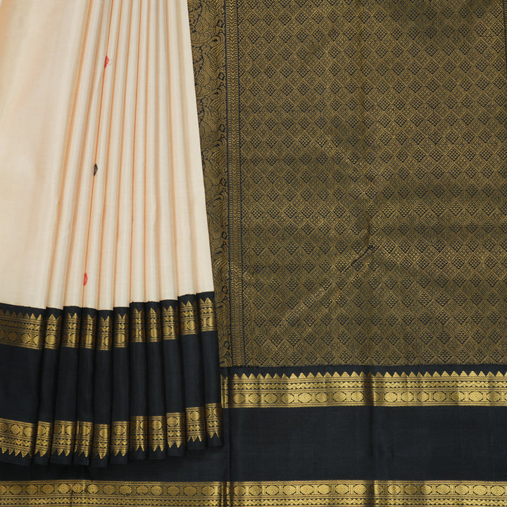 Hayagrivas Handloom Half-White Kanjivaram Silk Saree with Black Border KBF429F1-1