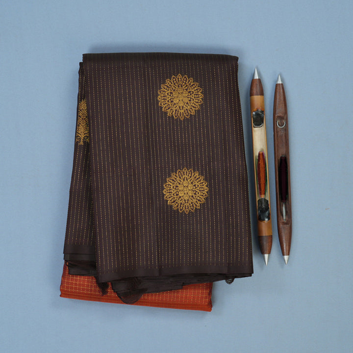Hayagrivas Handloom Rust Orange Kanjivaram Silk Saree with Kanchana Brown Border KBF42D1-10