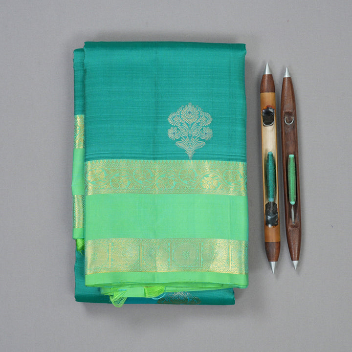 Hayagrivas Handloom Teal Kanjivaram Silk Saree with Neon Green Border KBF42D5-1