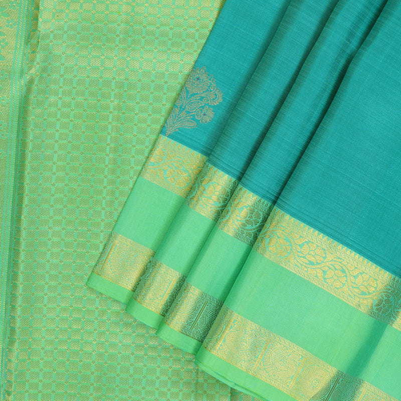 Hayagrivas Handloom Teal Kanjivaram Silk Saree with Neon Green Border KBF42D5-1