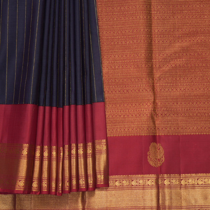 Hayagrivas Handloom Navy Blue Kanjivaram Silk Saree with Maroon Border KBF430F1-2