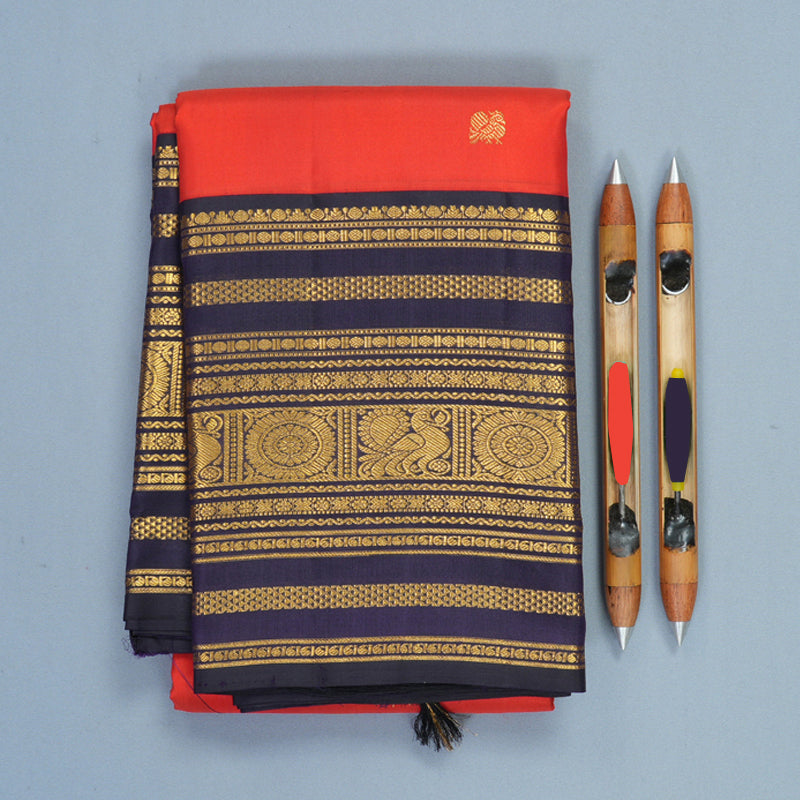 Hayagrivas Handloom Red Kanjivaram Silk Saree with Midnight Blue Border KBF430F1-4