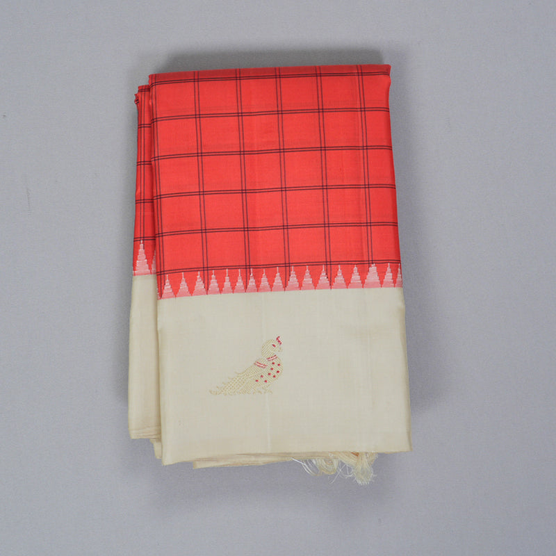 Hayagrivas Handloom Reddish-Orange Kanjivaram Silk Saree with Half-White Border KBF432F2-1