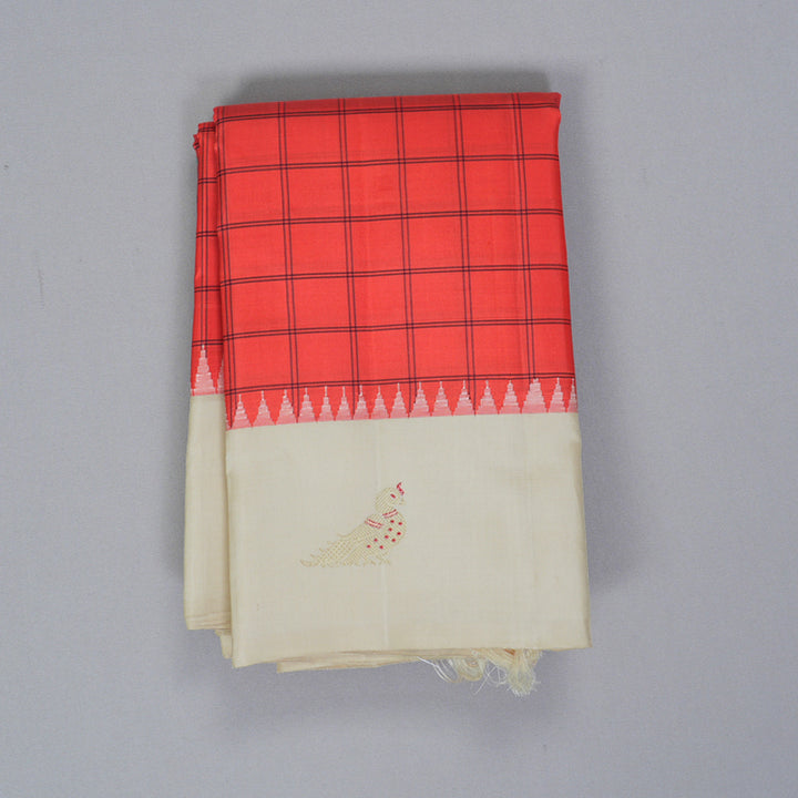 Hayagrivas Handloom Reddish-Orange Kanjivaram Silk Saree with Half-White Border KBF432F2-1