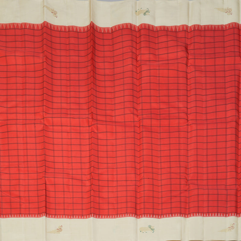 Hayagrivas Handloom Reddish-Orange Kanjivaram Silk Saree with Half-White Border KBF432F2-1
