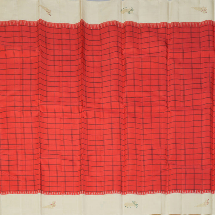 Hayagrivas Handloom Reddish-Orange Kanjivaram Silk Saree with Half-White Border KBF432F2-1