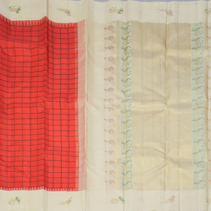 Hayagrivas Handloom Reddish-Orange Kanjivaram Silk Saree with Half-White Border KBF432F2-1