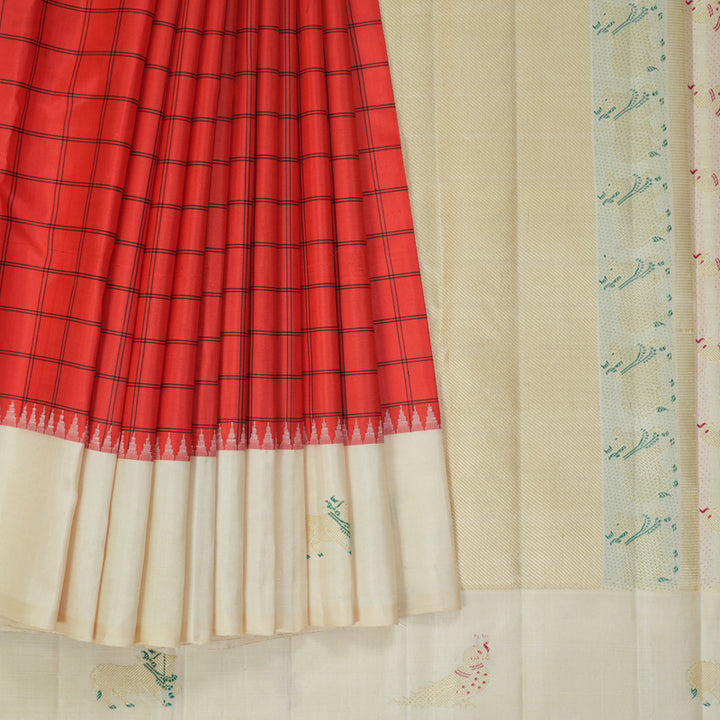Hayagrivas Handloom Reddish-Orange Kanjivaram Silk Saree with Half-White Border KBF432F2-1