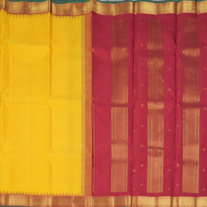 Hayagrivas Handloom Yellow Kanjivaram Silk Saree with Maroon Border KBF432F5-1