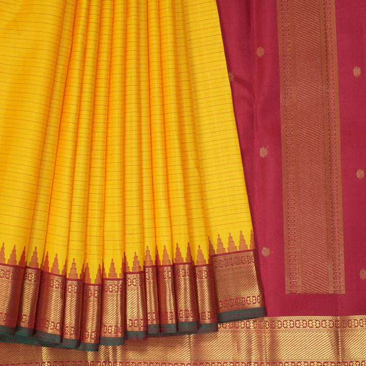 Hayagrivas Handloom Yellow Kanjivaram Silk Saree with Maroon Border KBF432F5-1