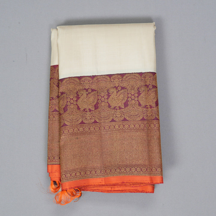 Hayagrivas Handloom Half-White Kanjivaram Silk Saree with Wine Border KBF432F9-1