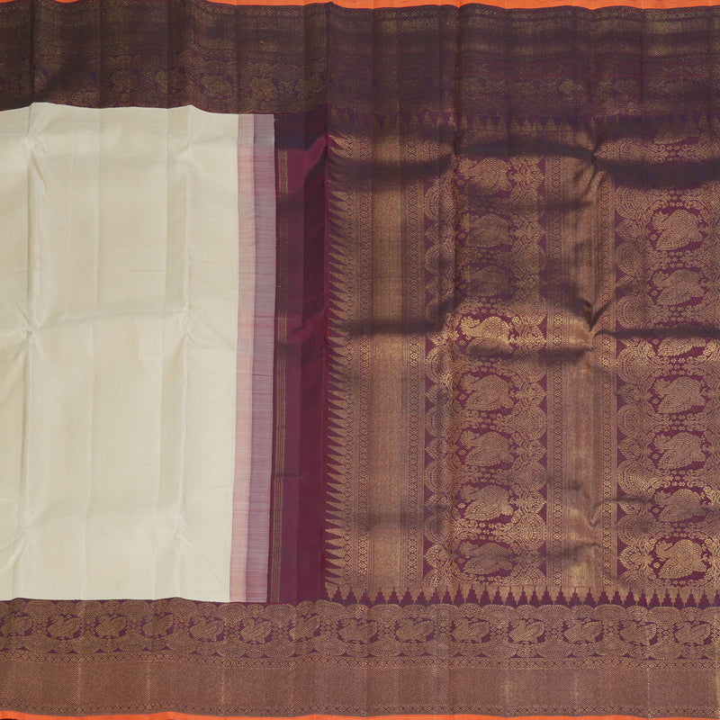 Hayagrivas Handloom Half-White Kanjivaram Silk Saree with Wine Border KBF432F9-1