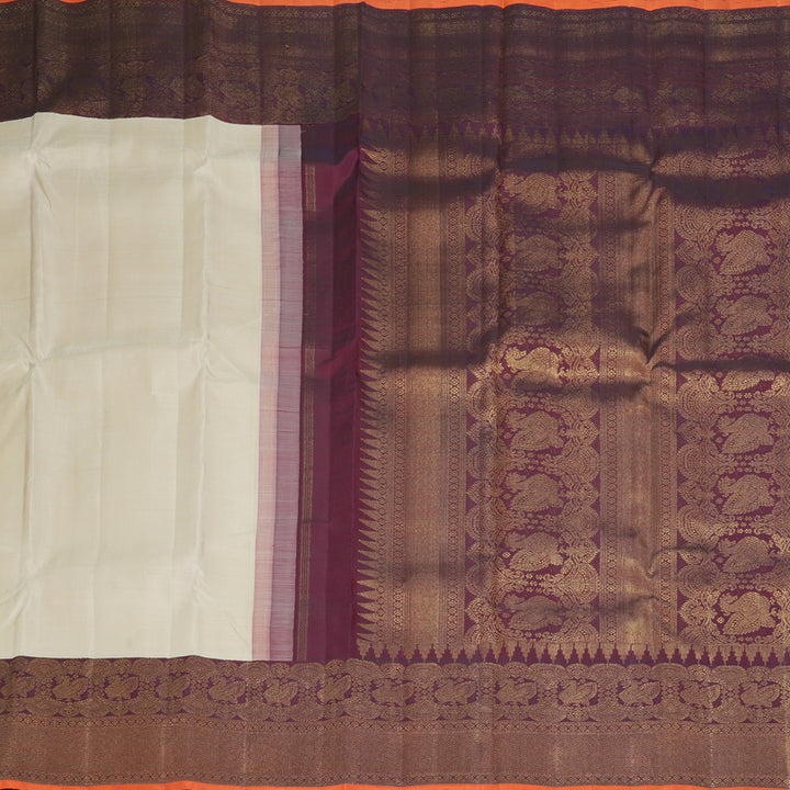 Hayagrivas Handloom Half-White Kanjivaram Silk Saree with Wine Border KBF432F9-1