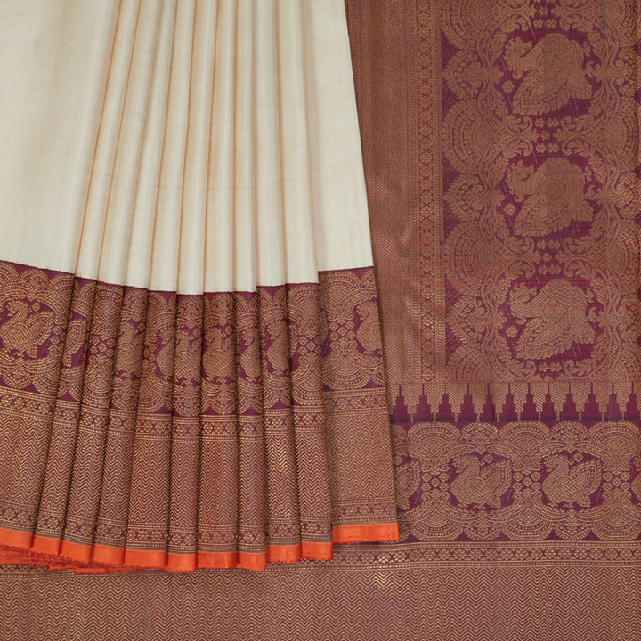 Hayagrivas Handloom Half-White Kanjivaram Silk Saree with Wine Border KBF432F9-1